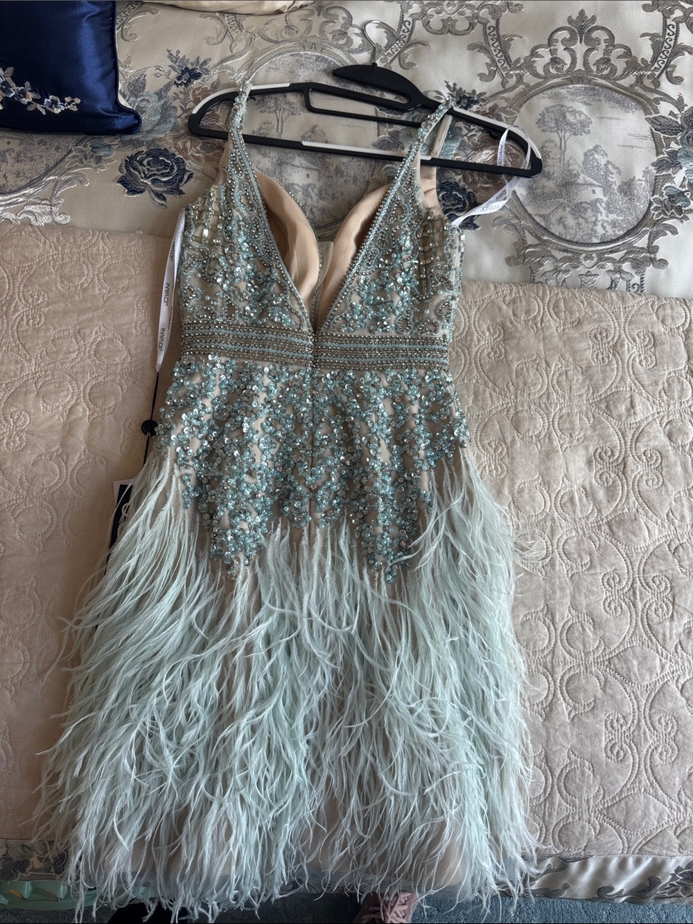 Jovani Embellished Feather Cocktail Dress in Light Aqua - Picture 4 of 4
